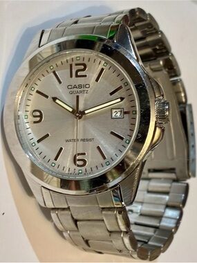 Casio Silver and Green Accented Stainless Steel Quartz Watch